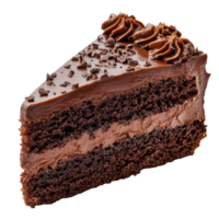 Delicious chocolate cake slice on a transparent background garnished with chocolate shavings and frosting, Chocolate cake slice isolated on transparent background png