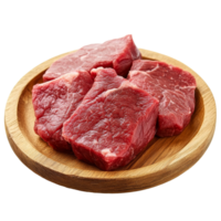 Fresh raw beef cuts on a wooden plate ready for cooking in a clean kitchen setting, fresh raw beef meat on wooden plate isolated on transparent background png