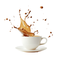 A coffee cup creates a dynamic splash of coffee on a clean transparent surface, capturing a moment of unexpected chaos in the morning routine, Coffee cup splash spilled coffee on transparent png