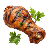 Deliciously grilled chicken leg garnished with fresh parsley on a clean transparent background, tasty grilled chicken leg transparent background png