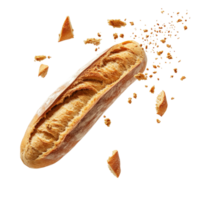 Fresh baguette crumbles gracefully onto a transparent surface, showcasing its airy texture and golden crust, Fresh Baguette with Crumbs Drifting Down transparent background png