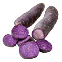 Fresh purple yams sliced on a clean transparent background, showcasing their vibrant color and texture in a natural setting, purple yams on transparent background png