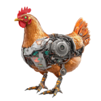 Hightech robotic chicken featuring intricate mechanics and vibrant design on a transparent background, Robotic Chicken on Transparent Background, HighTech Farming Concept png