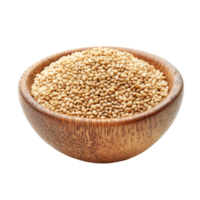 Sesame seeds in a wooden bowl on a transparent background highlighting their natural texture and color, sesame in wood bowl isolated on transparent background png