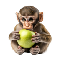 Closeup of a monkey holding a green apple isolated on a transparent background in a playful moment, Monkey apple isolated on transparent background png
