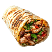 Delicious shawarma wrapped in grilled flatbread with fresh vegetables on a clean transparent background, Delicious shawarma isolated on transparent background or transparent backgroud png