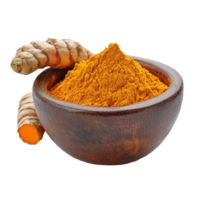 Curcuma powder in a wooden bowl with fresh turmeric root on a clean transparent background for culinary use and health benefits, curcuma powder in a bowl and root on transparent background png