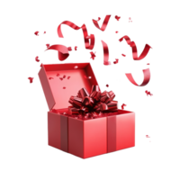 Red gift box bursting with ribbons and confetti, ready for a special occasion celebration, Ribbon popping out from red open gift box over transparent background Stock Illustration png