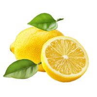 Fresh lemon and a cut half with green leaves on a clean transparent background showcasing natural produce, Lemon with leaf isolated on transparent background png