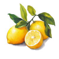 Fresh lemons on a clean transparent background with green leaves highlighting their vibrant color and freshness, Lemons on transparent background png