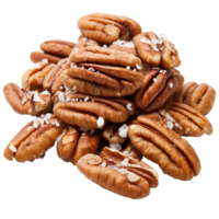 Lightly salted pecan nuts piled together on a clean transparent surface for a fresh and healthy snack, Pecan nuts topped with light salt isolated on transparent background png