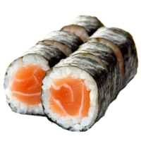 Freshly prepared uncut salmon maki sushi rolls served on a transparent background for culinary enthusiasts, Isolated uncut salmon maki sushi rolls png