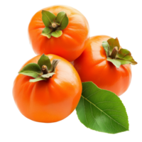 Ripe persimmons with vibrant orange color and green leaves on a clean transparent background, ripe persimmons with leaf on transparent background png