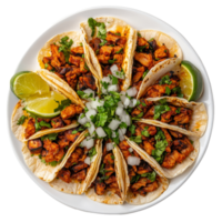 Deliciously crafted tacos al pastor on a transparent plate garnished with lime and fresh cilantro, Top view delicious tacos al pastor food plate on a transparent background png
