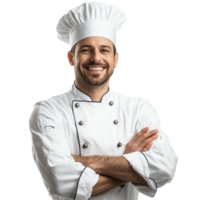 simpático cocinero con un calentar sonrisa y cruzado brazos, exhibiendo culinario pasión en un profesional cocina atuendo, cocinero retrato, simpático sonriente brazos cruzado, transparente antecedentes png