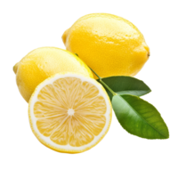 Fresh lemon with leaf whole and sliced on transparent background showcasing vibrant color and natural beauty, Lemon with leaf isolated on transparent background png