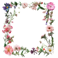 A vibrant floral frame adorned with colorful blossoms on a plain transparent background, Painting frame covered with flowers isolated on transparent background png
