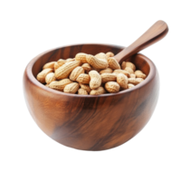 Peanuts in a wooden bowl with a spoon, perfect for snacking and culinary use on a clean transparent background, peanuts in wood bowl and spoon isolated on transparent background png
