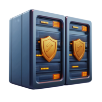 Cartoonstyle secure data servers with shields in a transparent color scheme, 3D Cartoon Secure Data Servers with Shields on transparent background png