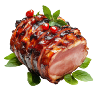 Delicious honey glazed ham garnished with basil and cranberries on a transparent background, Tasty food honey glazed ham on a transparent background png