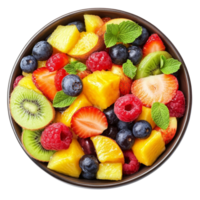 Fresh mixed fruit salad with kiwi, berries, and pineapple in a bowl, perfect for summer refreshment, Fresh tasty mixed fruit salad in a bowl on a transparent background png