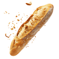 Freshly baked baguette with crispy crumbs falling, isolated against a transparent background, Fresh Baguette with Crispy Falling Crumbs isolated on transparent background Image png