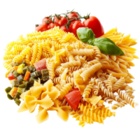 Variety of pasta shapes isolated on a transparent background with fresh tomatoes and basil for cooking inspiration, Pasta isolated on transparent background png