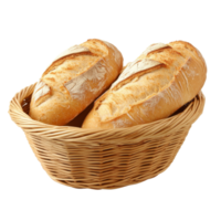 Freshly baked loaves of bread in a rustic basket on a clean transparent backdrop, Basket of Bread on transparent background png