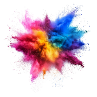 Dynamic explosion of vibrant color powder showcasing multicolored dust in a captivating display of artistry, Vibrant Color Powder Explosions, Multicolored Dust Clouds Isolated on transparent png
