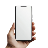 Modern smartphone screen mockup held in hand against a bright background for design presentations, Mobile phone mockups, smartphone screen mock up frame in hand isolated on transparent background png