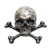 Metal pirate skull with crossbones isolated on a clean background for thematic designs and decorations, metal pirate skull with crossbones, file of isolated object with shadow on transparent png
