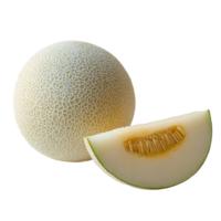 Fresh transparent cantaloupe melon on a transparent background with a slice showcasing its juicy interior texture and color, transparent cantaloupe melon on transparent background png