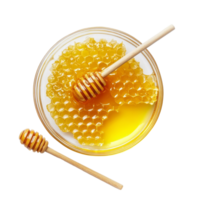 Golden honey in a petri dish with honeycomb over a transparent background for culinary use and presentation, Honey in petri dish over transparent background flat lay png