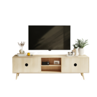 Modern TV stand with wallmounted television against a transparent background in a cozy living space filled with plants, TV stand with TV on the wall, transparent background png