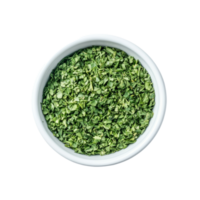 Dried parsley in a transparent bowl on a transparent background showcasing its vibrant green color and texture, Dried parsley in a transparent bowl on transparent background png