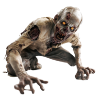 A crawling zombie with decayed features and glowing eyes on a transparent background, showcasing eerie details and haunting characteristics, Crawling Zombie on transparent background png