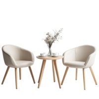 Cozy chairs and a wooden table adorned with flowers create a welcoming space in a minimalist setting, Cozy Chairs and Table on transparent background png