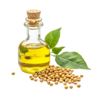 A glass bottle of soybean oil alongside raw soybeans and green leaves on a transparent background, Oil bottle and soybean on transparent background png