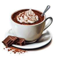 Delicious hot chocolate topped with whipped cream served with chocolate squares on a transparent background, Delicious hot chocolate on transparent background png
