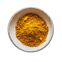 Turmeric powder in a small bowl sitting on a clean transparent background ready for culinary use or natural remedies, Turmeric powder in a bowl on transparent background png