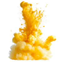 Dynamic yellow paint splash explosion creating a vibrant cloud effect against a transparent background, yellow paint splash explosion smoke cloud isolated on transparent background png