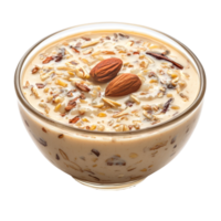 Sheer khurma served in a bowl with garnished nuts, perfect for festive occasions and celebrations, Sheer khurma isolated on transparent background png