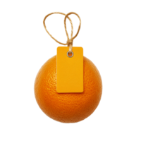 Orange price tag attached to a fresh citrus fruit against a plain transparent background in a minimalistic setting, organge price tag isolated on transparent background png