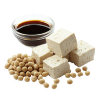 Fresh tofu cubes and soybeans arranged neatly on a transparent background with a bowl of soy sauce in the foreground, tofu and soy isolated on transparent background png