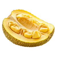 Half jackfruit resting on a transparent background showcasing its unique texture and distinct yellow flesh, ripe half Jackfruit isolated on transparent background png