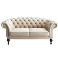 Elegant tufted sofa in cream fabric with wooden legs, isolated on a bright transparent background for design showcase, sofa isolated on transparent background png