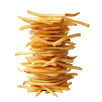 A deliciously tall stack of golden french fries arranged for a tempting display in a bright setting, Stacked french fries isolated png