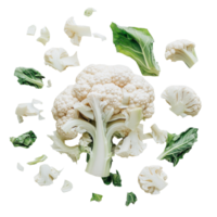 Fresh cauliflower surrounded by its florets and leaves on a clean transparent background, perfect for healthy cooking, fresh cauliflower on transparent background png