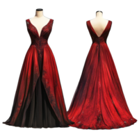 Elegant red evening gown mockup showcasing front and back designs for formal events or special occasions, Elegant Red Evening Gown Mockup from Front and Back Views on transparent background png