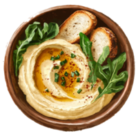 Delicious hummus topped with greens and served with toasted bread for a healthy snack or appetizer, portion of hummus with greens and toasts png